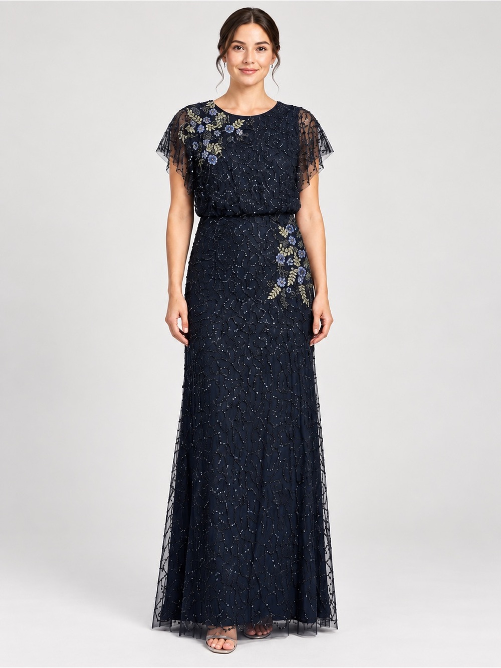 Adrianna Papell Navy Beaded Floral Maxi Dress